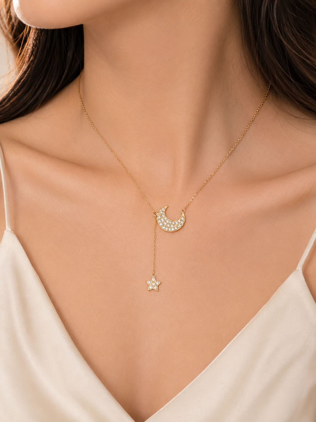 Moon and star diamond studded necklace