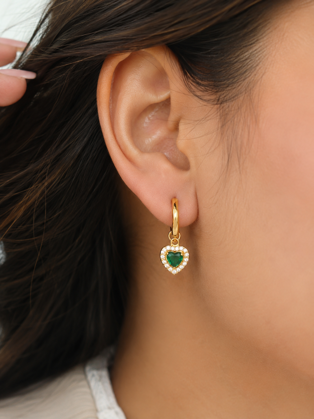 Emerald Heart Huggie Earrings