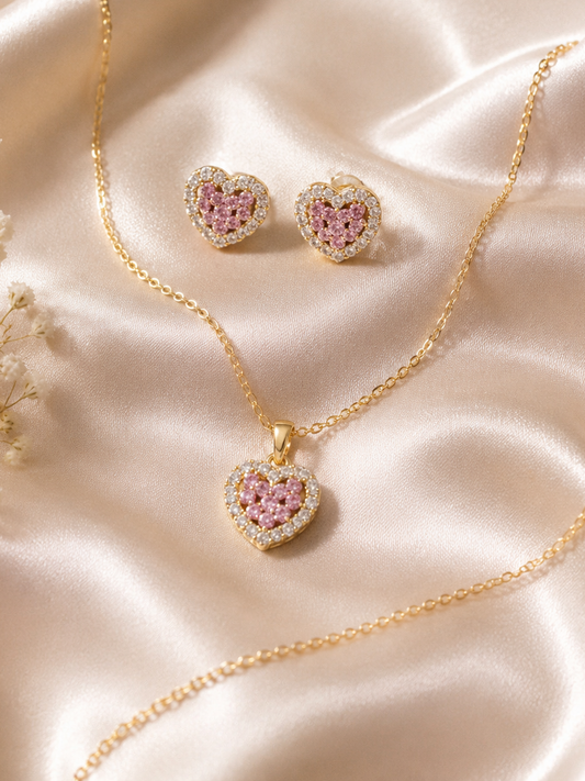 Pink heart Necklace with earrings