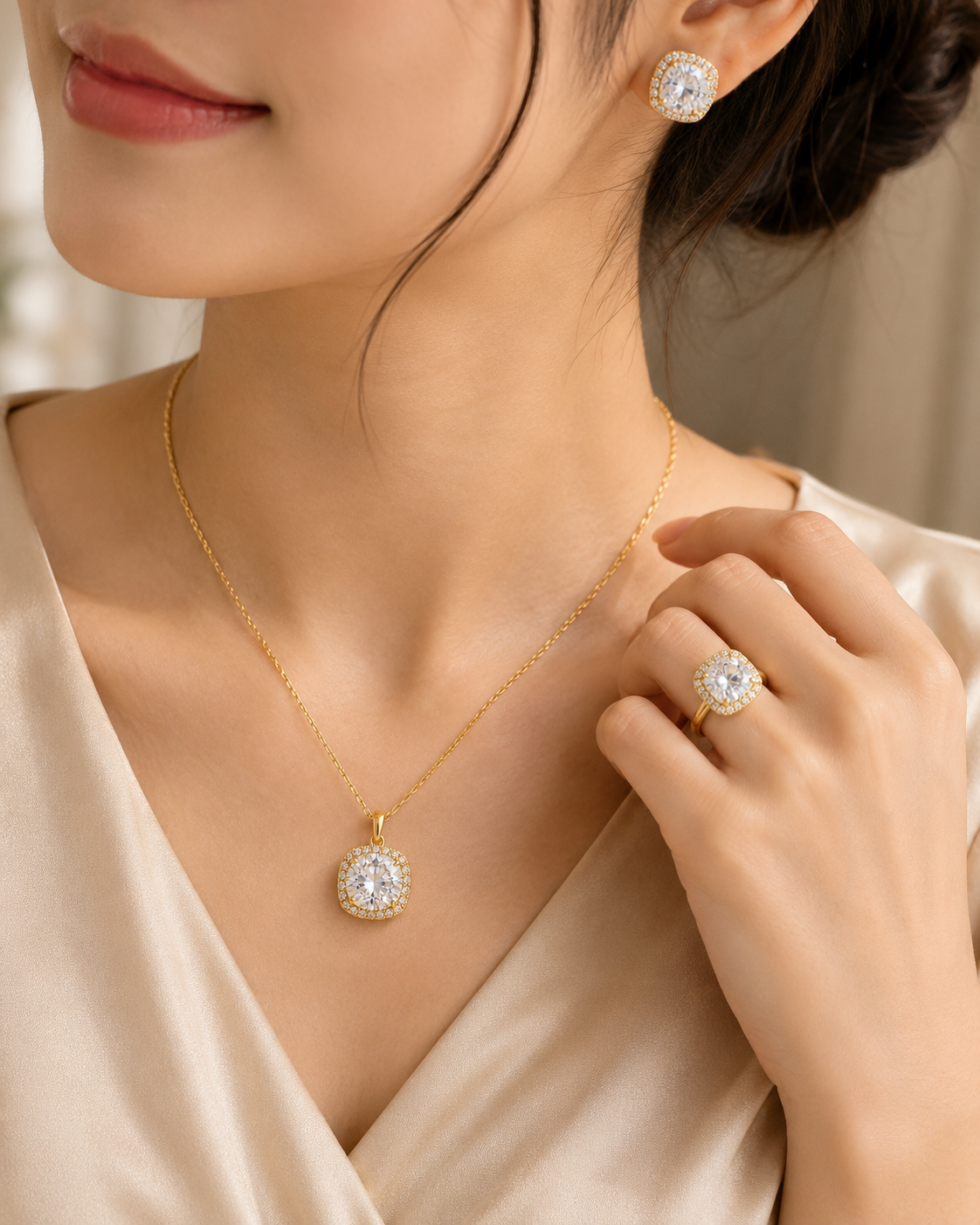 Solitaire Pendant with Earrings and Ring