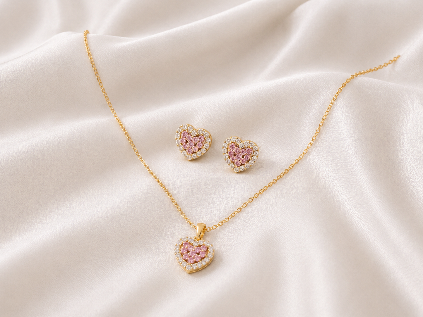 Pink heart Necklace with earrings