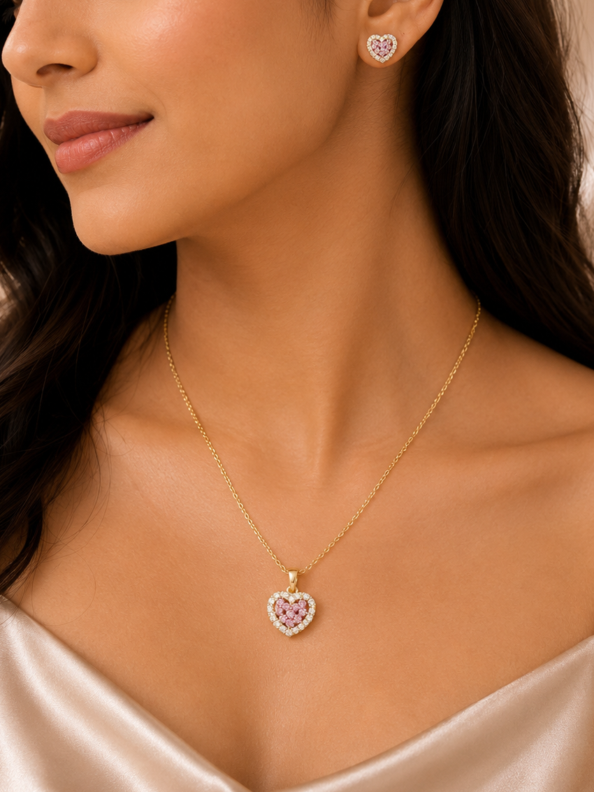 Pink heart Necklace with earrings
