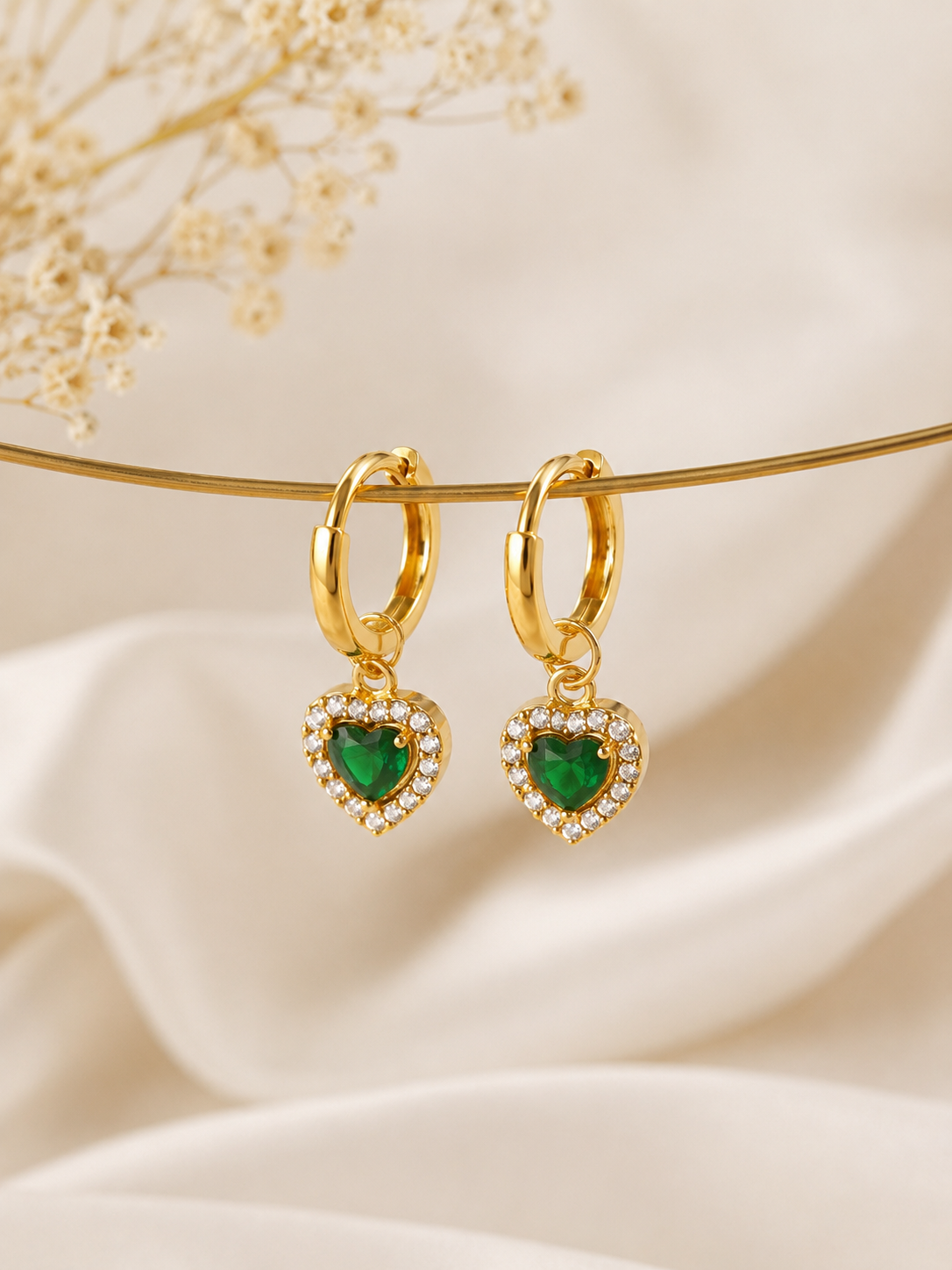Emerald Heart Huggie Earrings